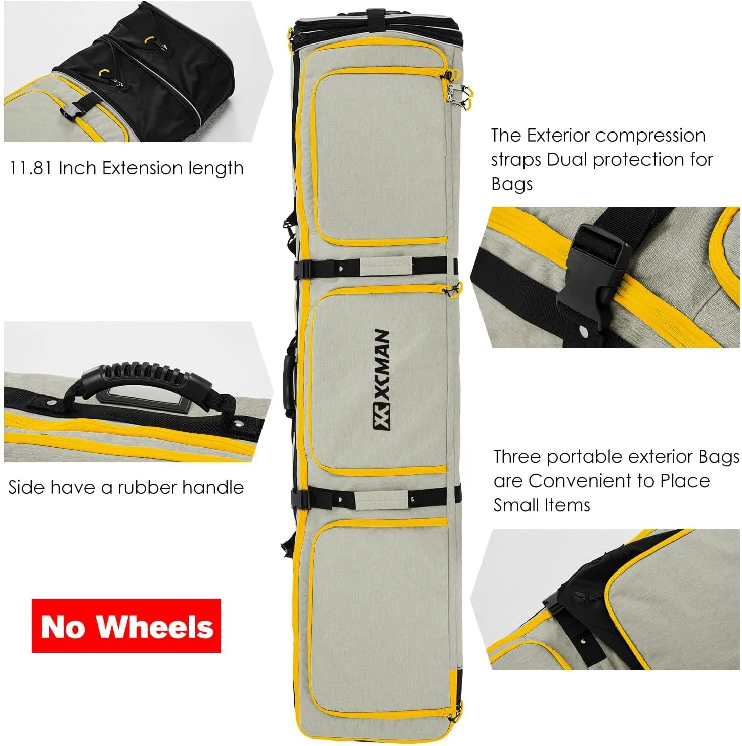 XCMAN Padded Snowboard Bag Expandable Snowboard Bag for Air Travel Adjustable Ski Bag Length 63-75In