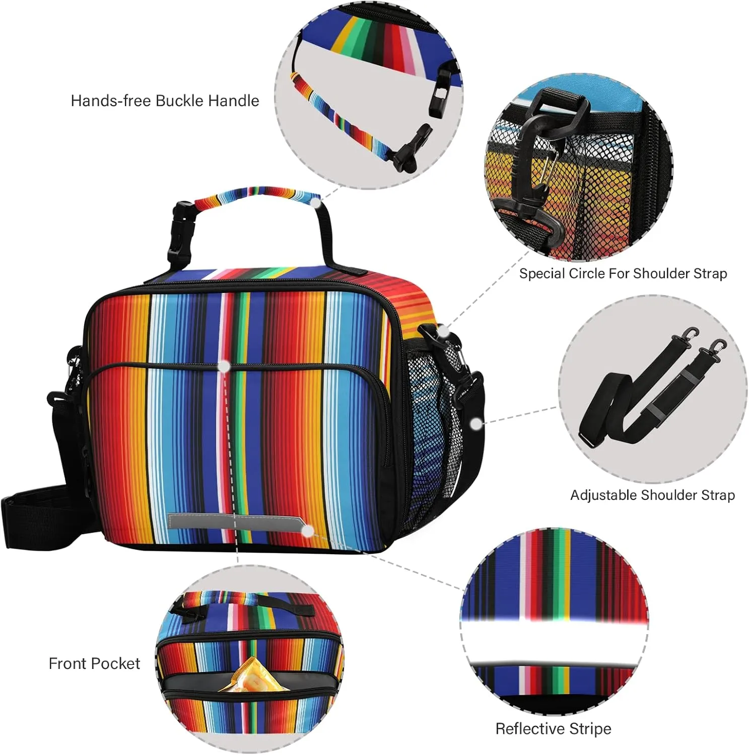 xigua Reusable Lunch Bag Mexican Serape Blanket Stripes Insulated Lunch Box Cooler Tote Removable Shoulder Strap Meal Picnic Bags for Outdoor School Travel Office Work