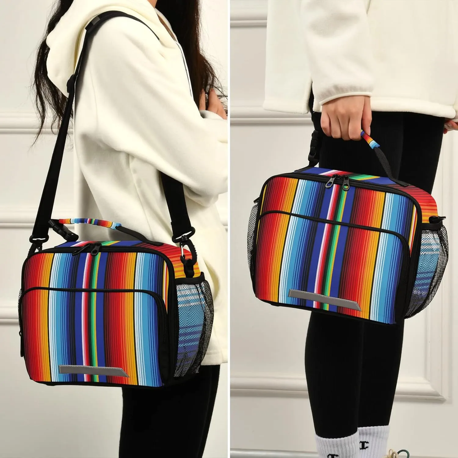 xigua Reusable Lunch Bag Mexican Serape Blanket Stripes Insulated Lunch Box Cooler Tote Removable Shoulder Strap Meal Picnic Bags for Outdoor School Travel Office Work