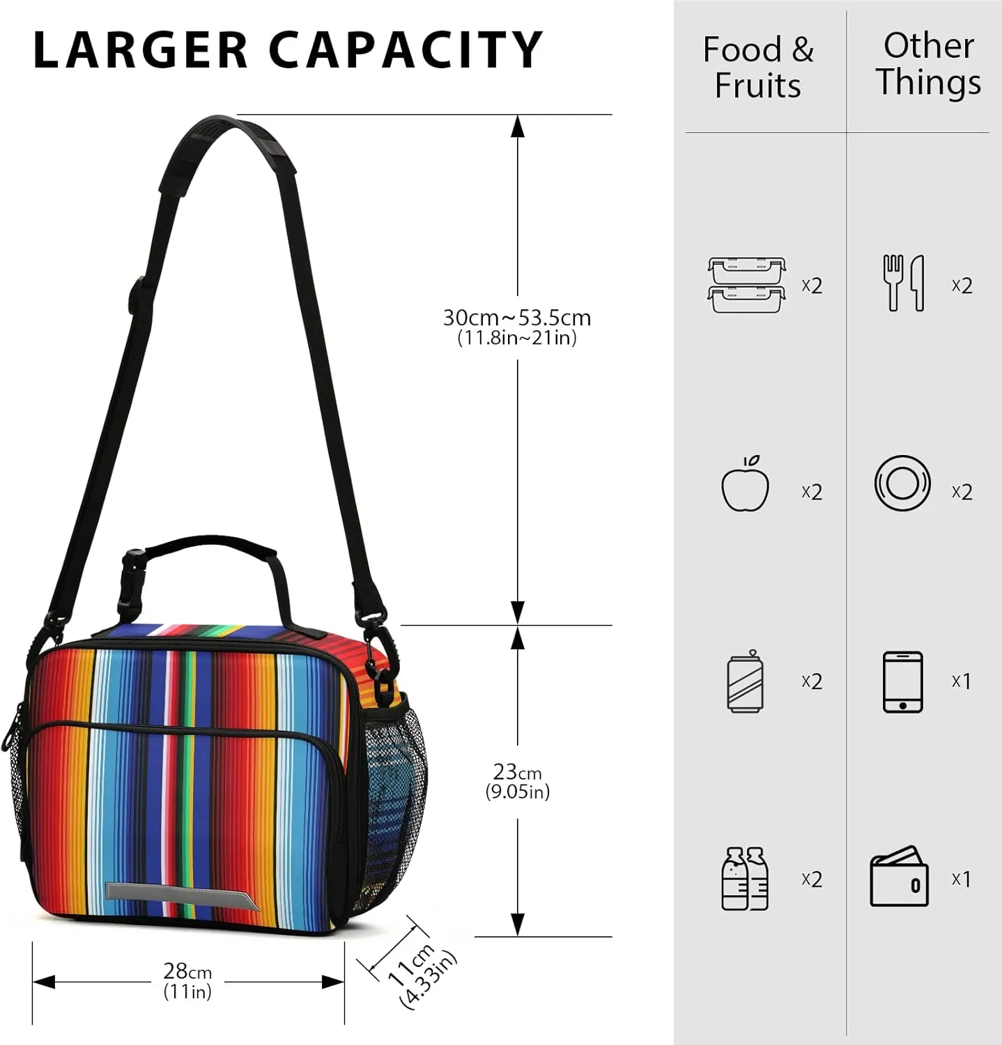 xigua Reusable Lunch Bag Mexican Serape Blanket Stripes Insulated Lunch Box Cooler Tote Removable Shoulder Strap Meal Picnic Bags for Outdoor School Travel Office Work