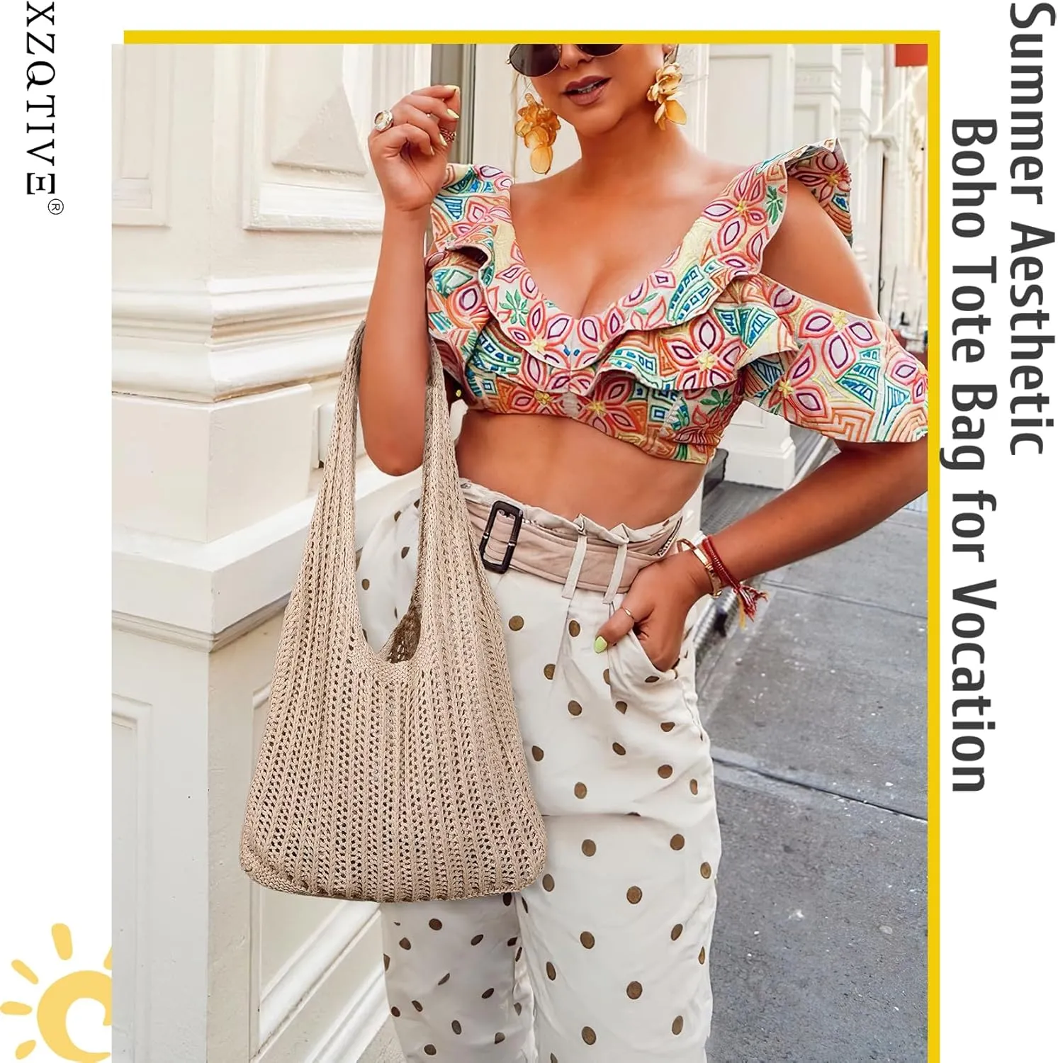 XZQTIVE Crochet Tote Bag for Women Mesh Beach bag for Summer Vacation Aesthetic Hobo Knit Shoulder Bag