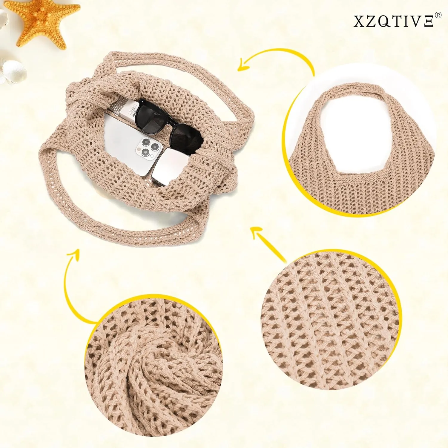 XZQTIVE Crochet Tote Bag for Women Mesh Beach bag for Summer Vacation Aesthetic Hobo Knit Shoulder Bag