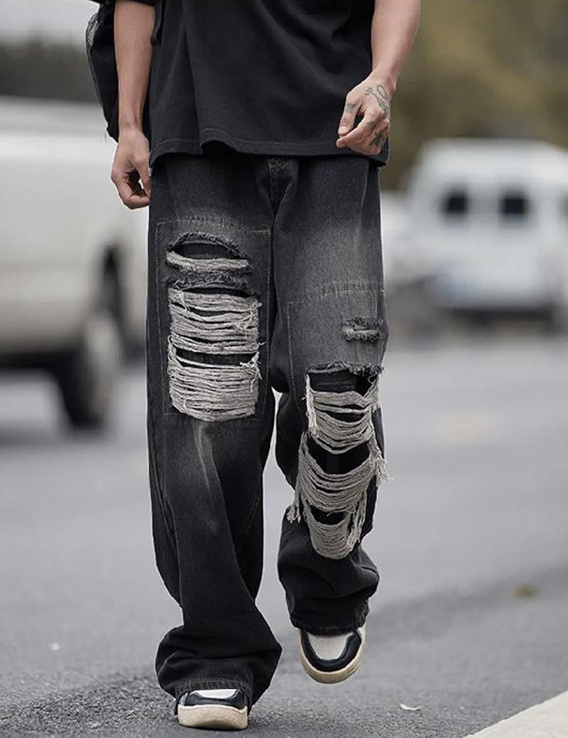 Y2k Baggy Jeans for Men Grunge Ripped Jeans Aesthetic Distressed Jeans Loose Fit Gothic Denim Pants Streetwear