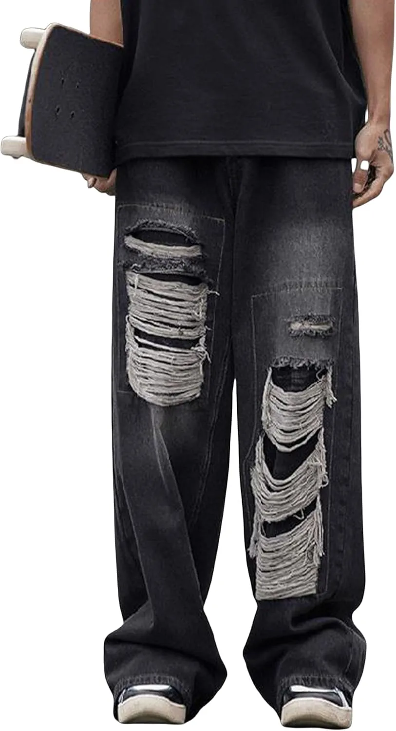 Y2k Baggy Jeans for Men Grunge Ripped Jeans Aesthetic Distressed Jeans Loose Fit Gothic Denim Pants Streetwear