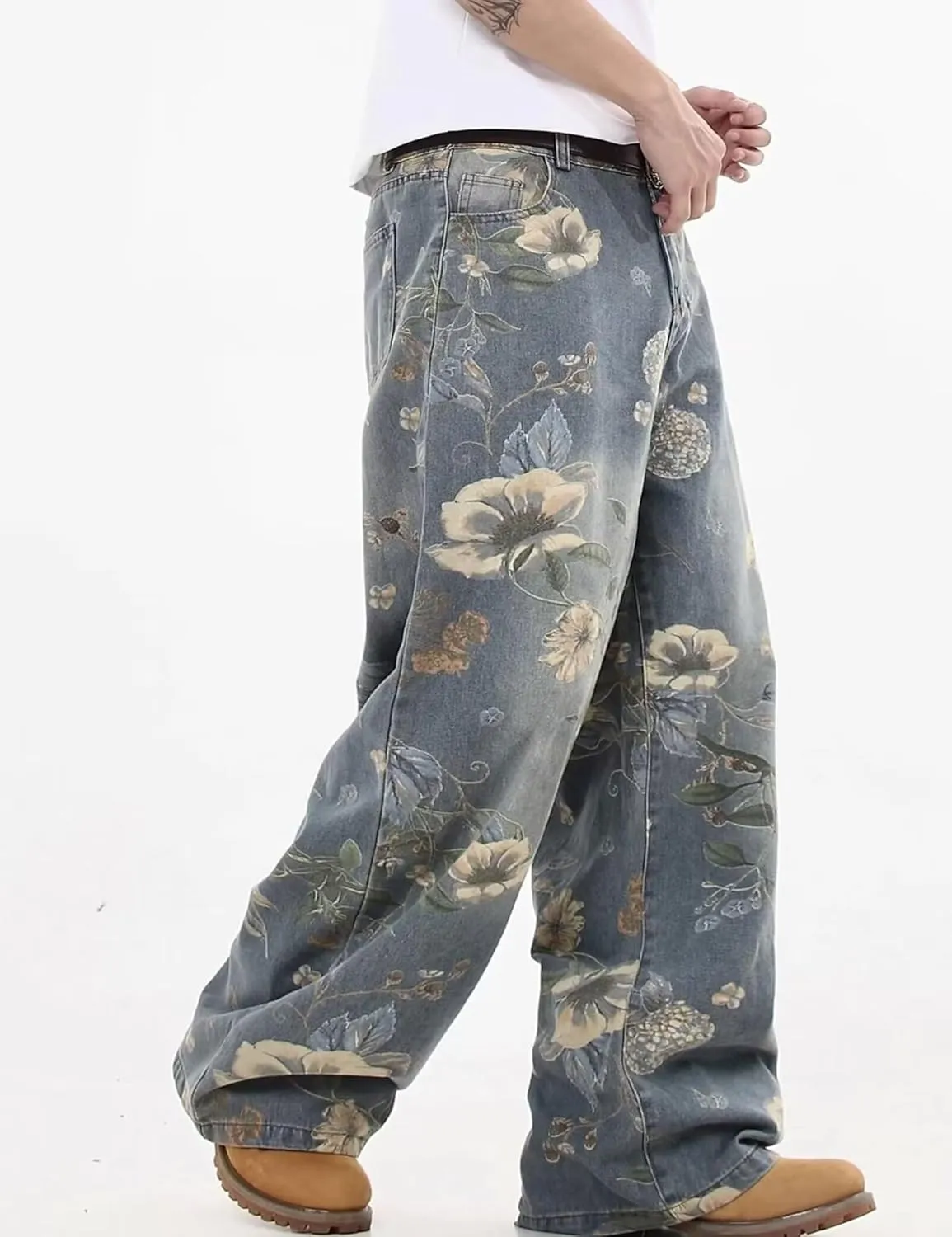 Y2k Baggy Jeans Men Flower Print Graphic Jeans Harajuku Wide Leg Boyfriend Denim Pants Streetwear
