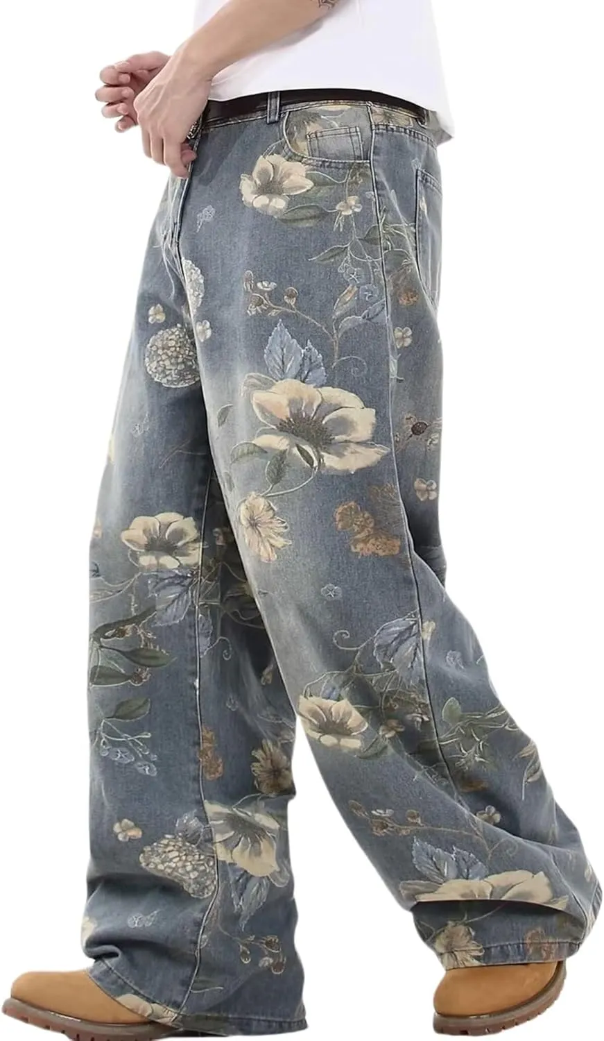 Y2k Baggy Jeans Men Flower Print Graphic Jeans Harajuku Wide Leg Boyfriend Denim Pants Streetwear