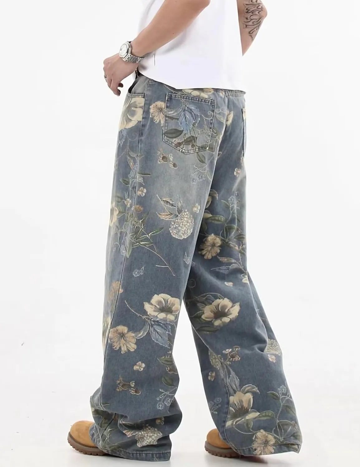Y2k Baggy Jeans Men Flower Print Graphic Jeans Harajuku Wide Leg Boyfriend Denim Pants Streetwear