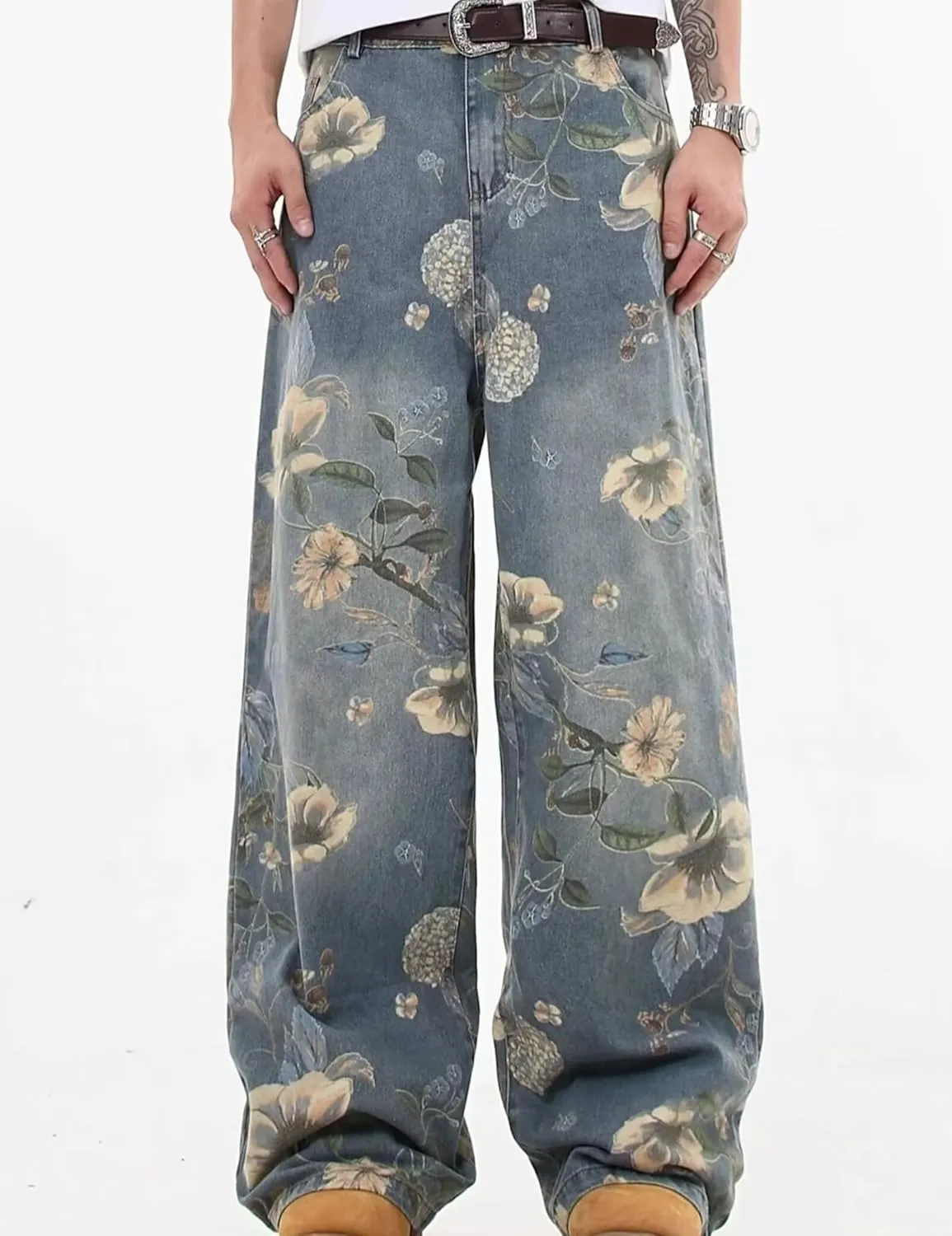 Y2k Baggy Jeans Men Flower Print Graphic Jeans Harajuku Wide Leg Boyfriend Denim Pants Streetwear