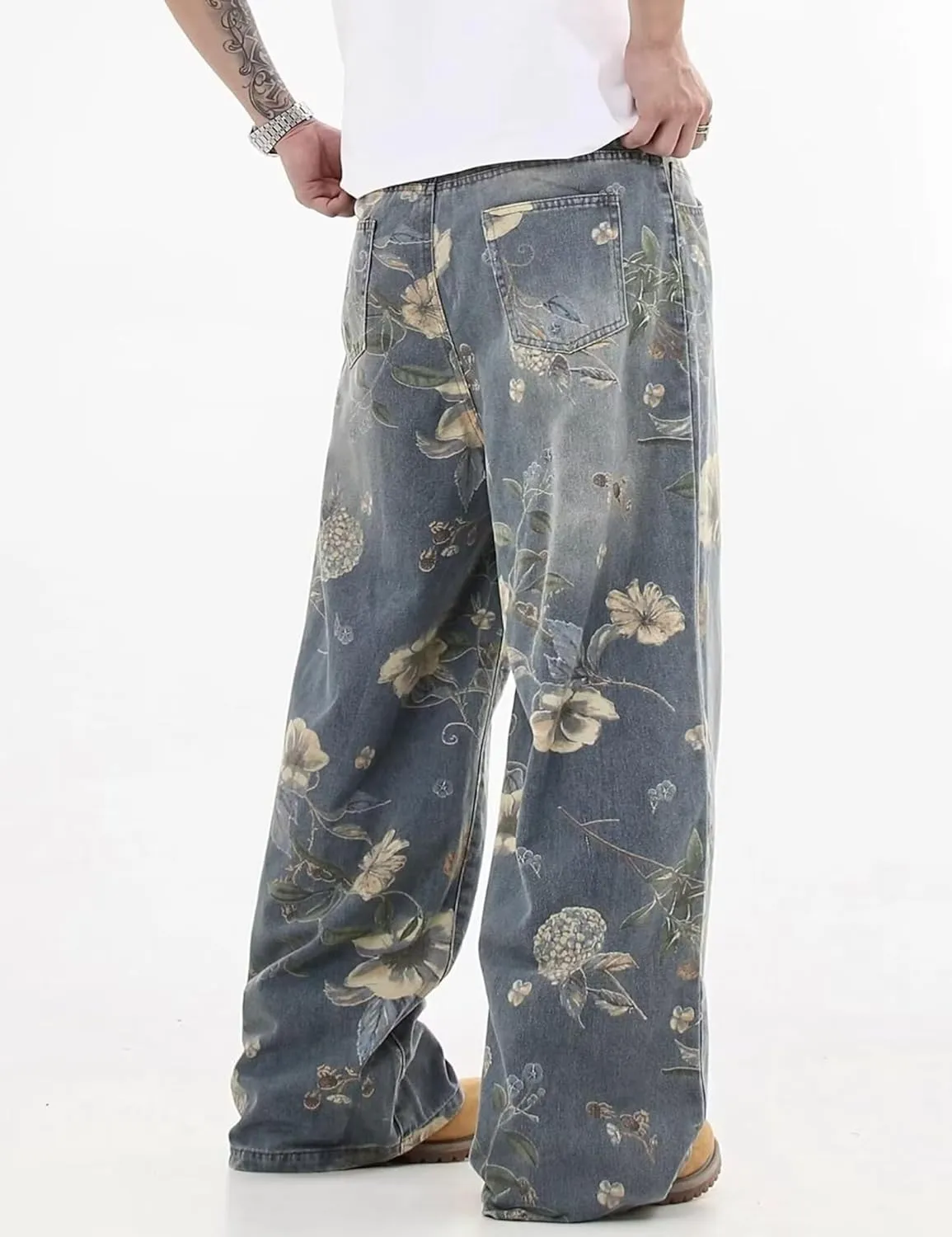 Y2k Baggy Jeans Men Flower Print Graphic Jeans Harajuku Wide Leg Boyfriend Denim Pants Streetwear
