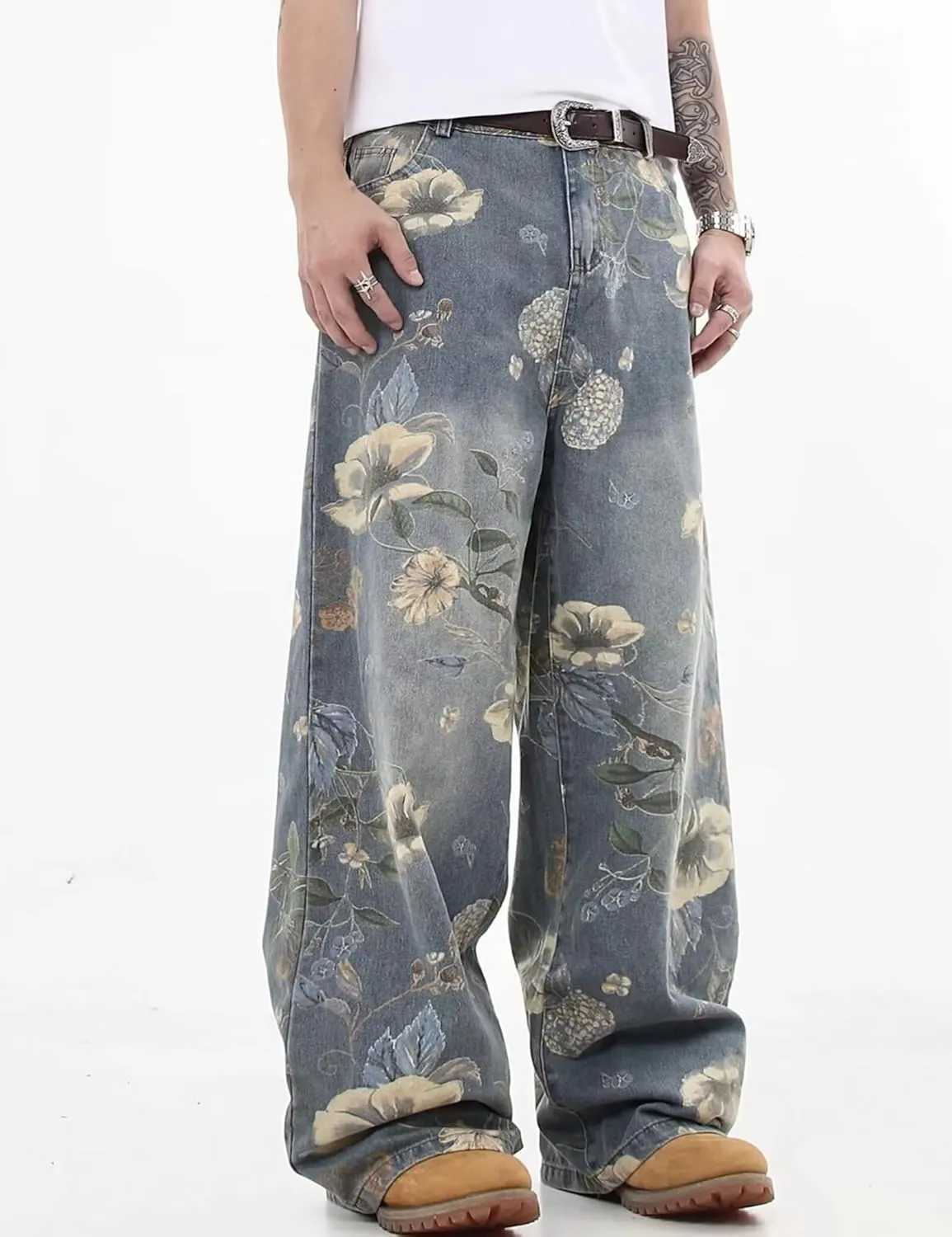 Y2k Baggy Jeans Men Flower Print Graphic Jeans Harajuku Wide Leg Boyfriend Denim Pants Streetwear