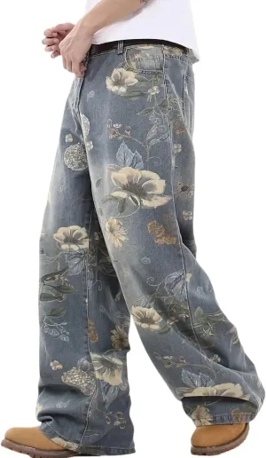 Y2k Baggy Jeans Men Flower Print Graphic Jeans Harajuku Wide Leg Boyfriend Denim Pants Streetwear