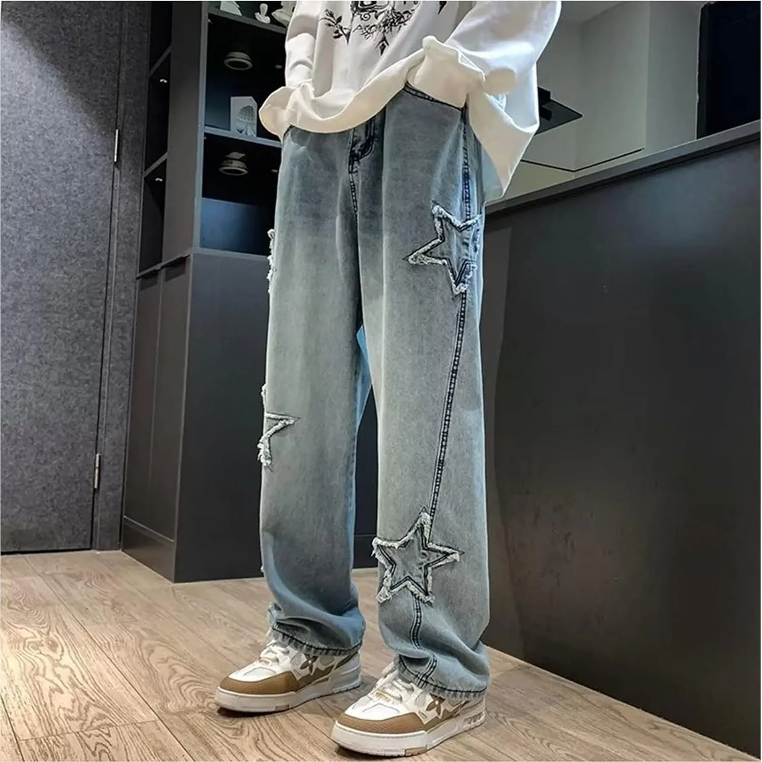 Y2k Star Jeans Men Graphic Baggy Jeans Emo Star Pants Grunge Patchwork Pants Streetwear