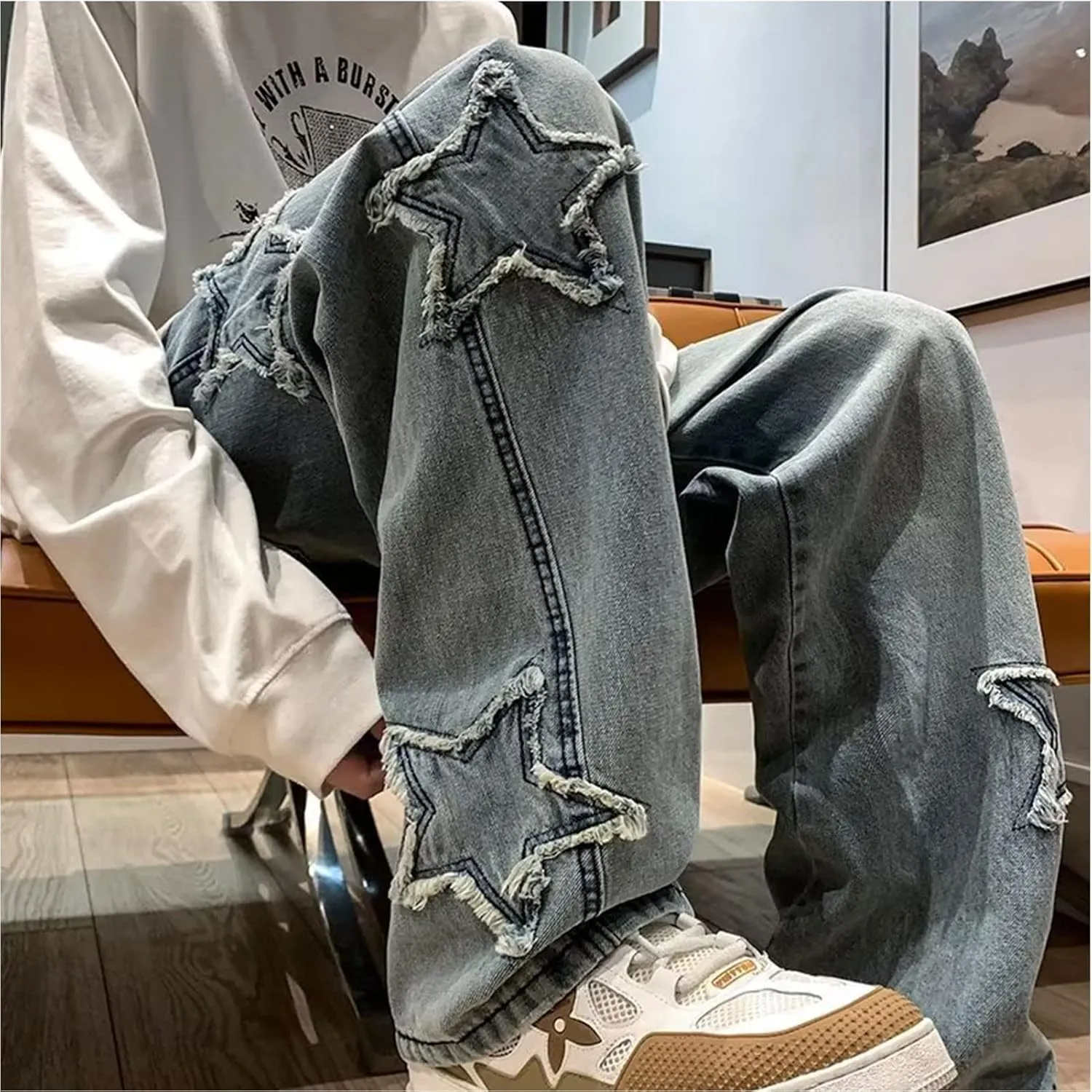 Y2k Star Jeans Men Graphic Baggy Jeans Emo Star Pants Grunge Patchwork Pants Streetwear