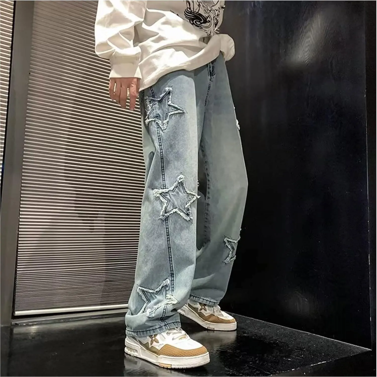 Y2k Star Jeans Men Graphic Baggy Jeans Emo Star Pants Grunge Patchwork Pants Streetwear