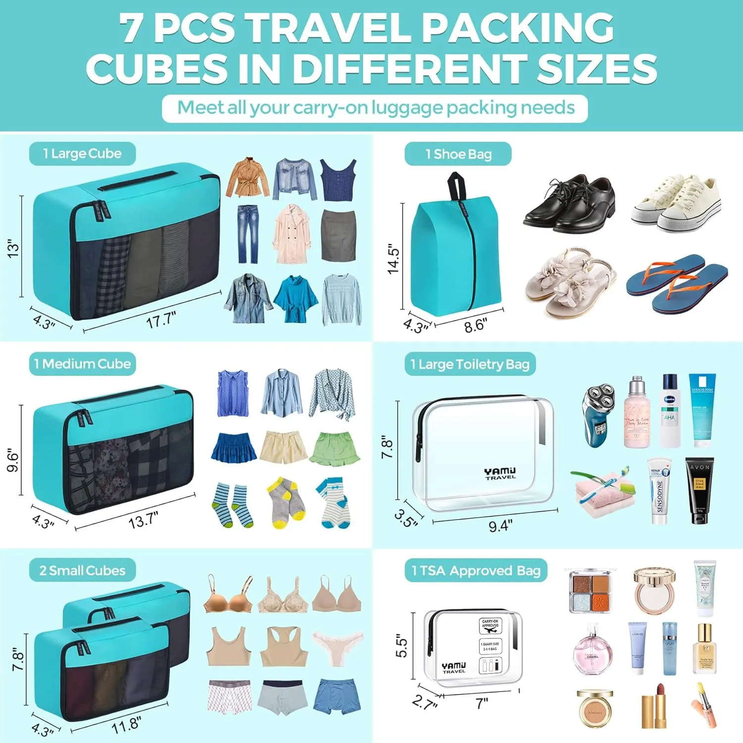 YAMIU Packing Cubes for Suitcases, 7 Pcs luggage organizer bags with Shoe Bag, 2 Waterproof Travel Toiletry Bags, Travel Cubes for Travel Essentials Travel Accessories
