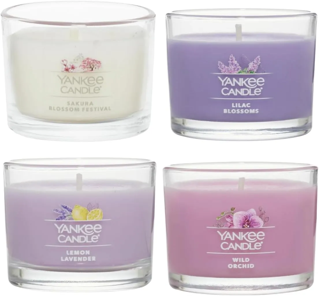 Yankee Candle Signature Votive Mini Candle Jars Mother's Day Variety Pack, 1 Lemon Lavender, 1 Wild Orchid, 1 Sakura Bloom Festival, 1 Lilac Blossoms Variety Pack