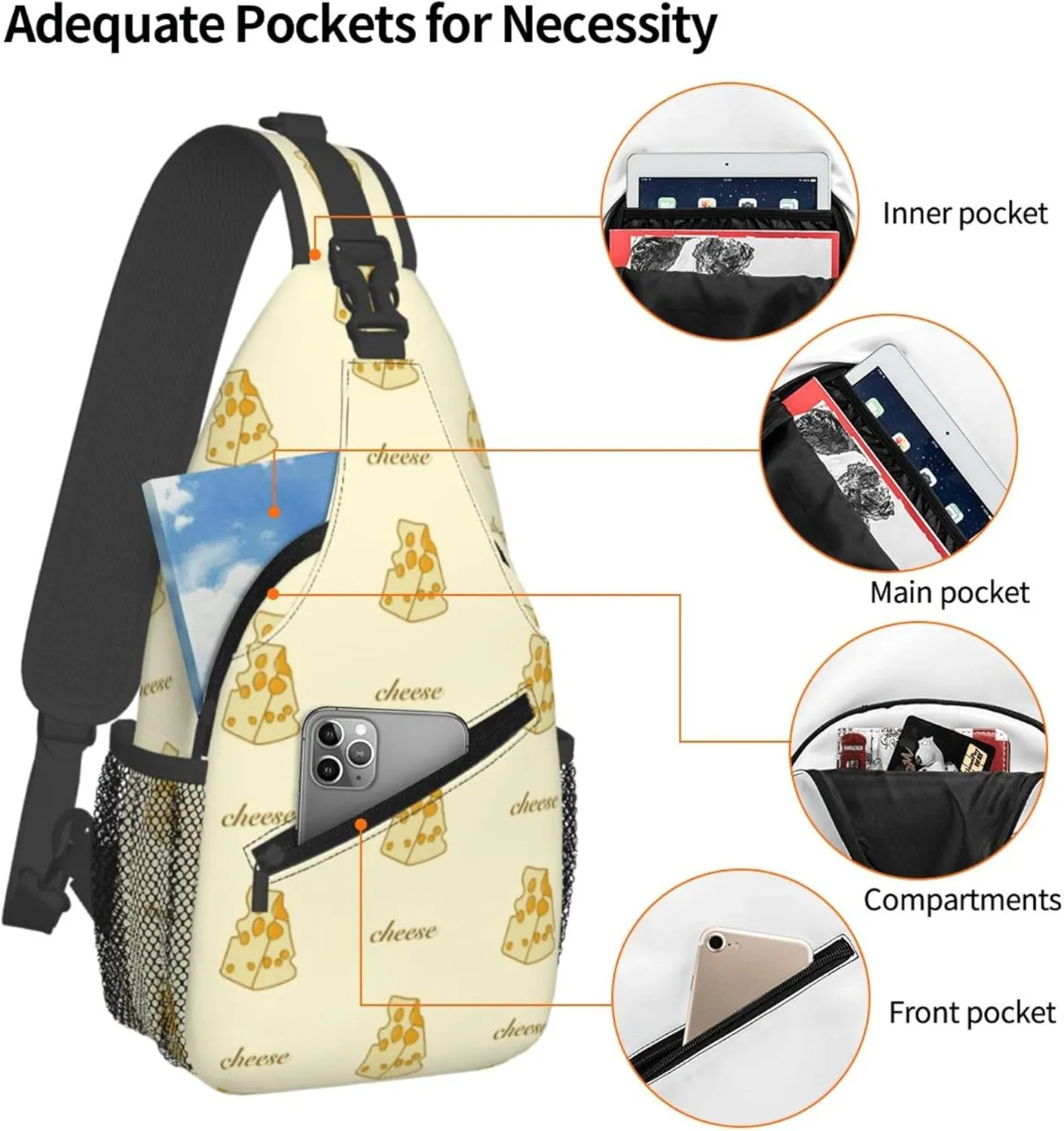 Yellow Cheese Pattern Sling Backpack Crossbody Bag, Chest Bag Daypack for Outdoors Hiking Traveling