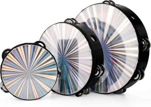 YOUEON 3 Pack Radiant Tambourine with Double Row Jingles, 6/8/10 Inch Hand Held Drum, Reflective Tambourines for Adults, Musical Instrumen for Church, Dance, Party, KTV
