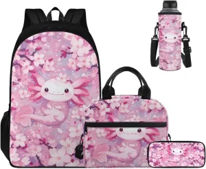 Ystardream 5Th Grade Bookbag Girls Backpack And Lunch Box Set Kids Pink Axolotl Backpack Purse for Women Elementary School Bookbag with Cherry Blossom Design Rucksack for Teens Child Back To School