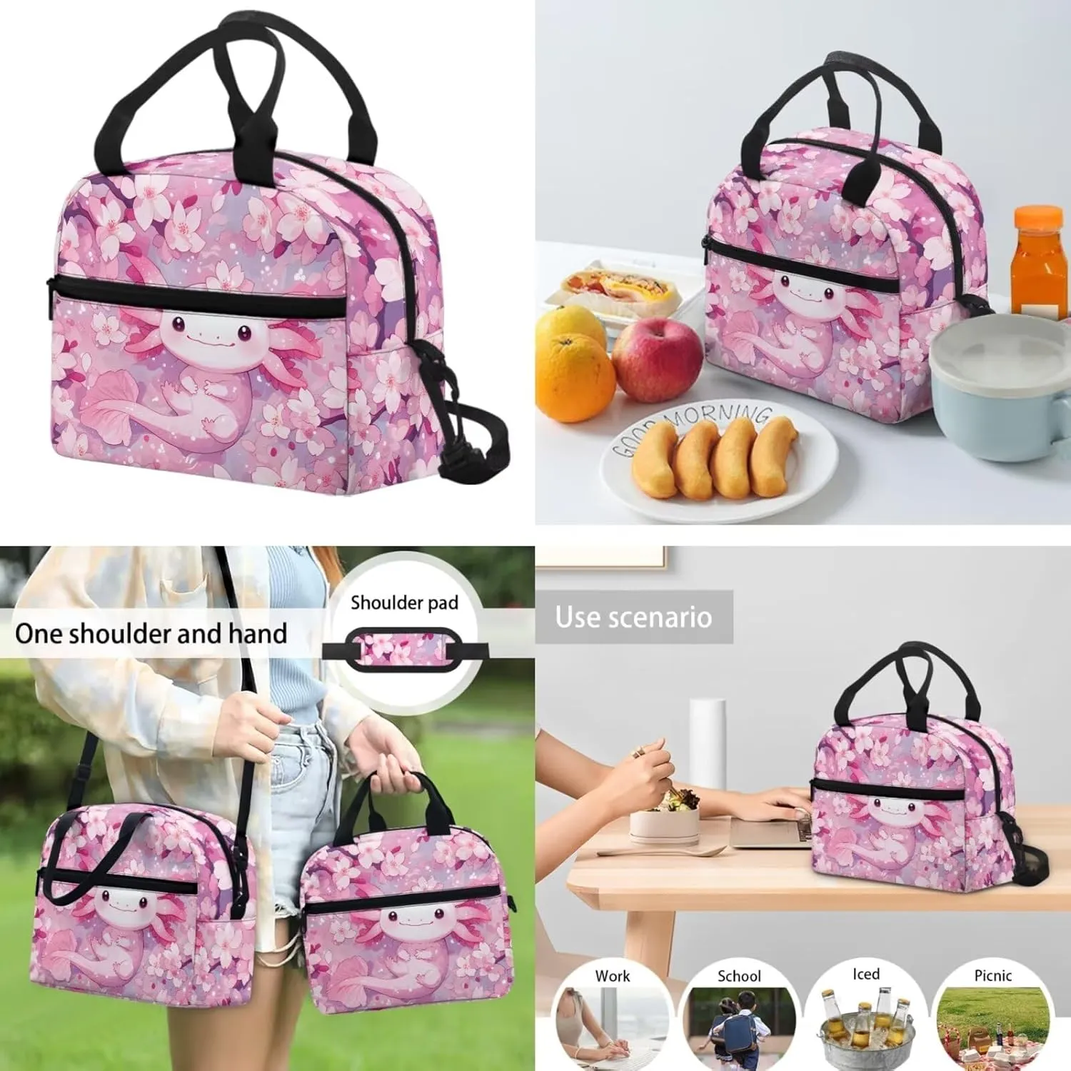 Ystardream 5Th Grade Bookbag Girls Backpack And Lunch Box Set Kids Pink Axolotl Backpack Purse for Women Elementary School Bookbag with Cherry Blossom Design Rucksack for Teens Child Back To School