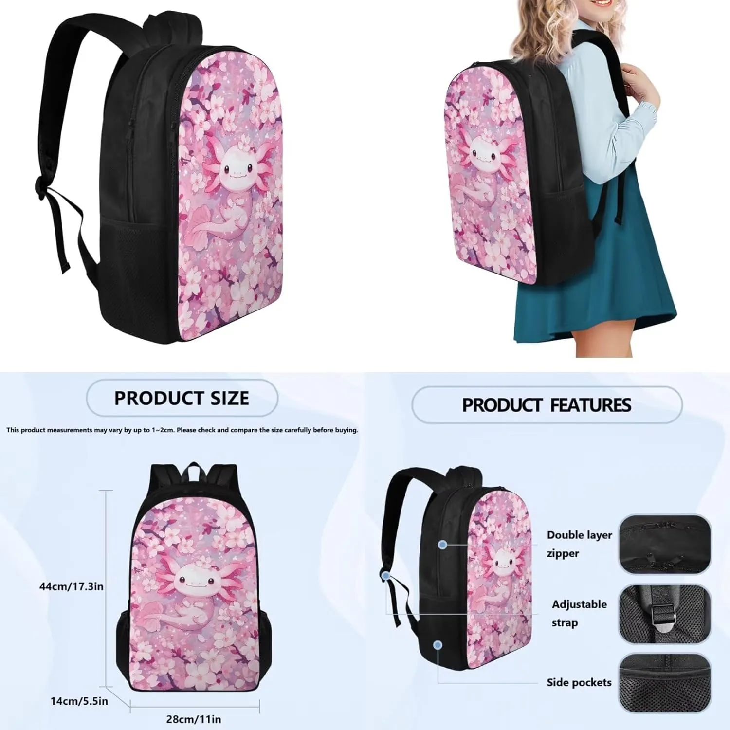Ystardream 5Th Grade Bookbag Girls Backpack And Lunch Box Set Kids Pink Axolotl Backpack Purse for Women Elementary School Bookbag with Cherry Blossom Design Rucksack for Teens Child Back To School