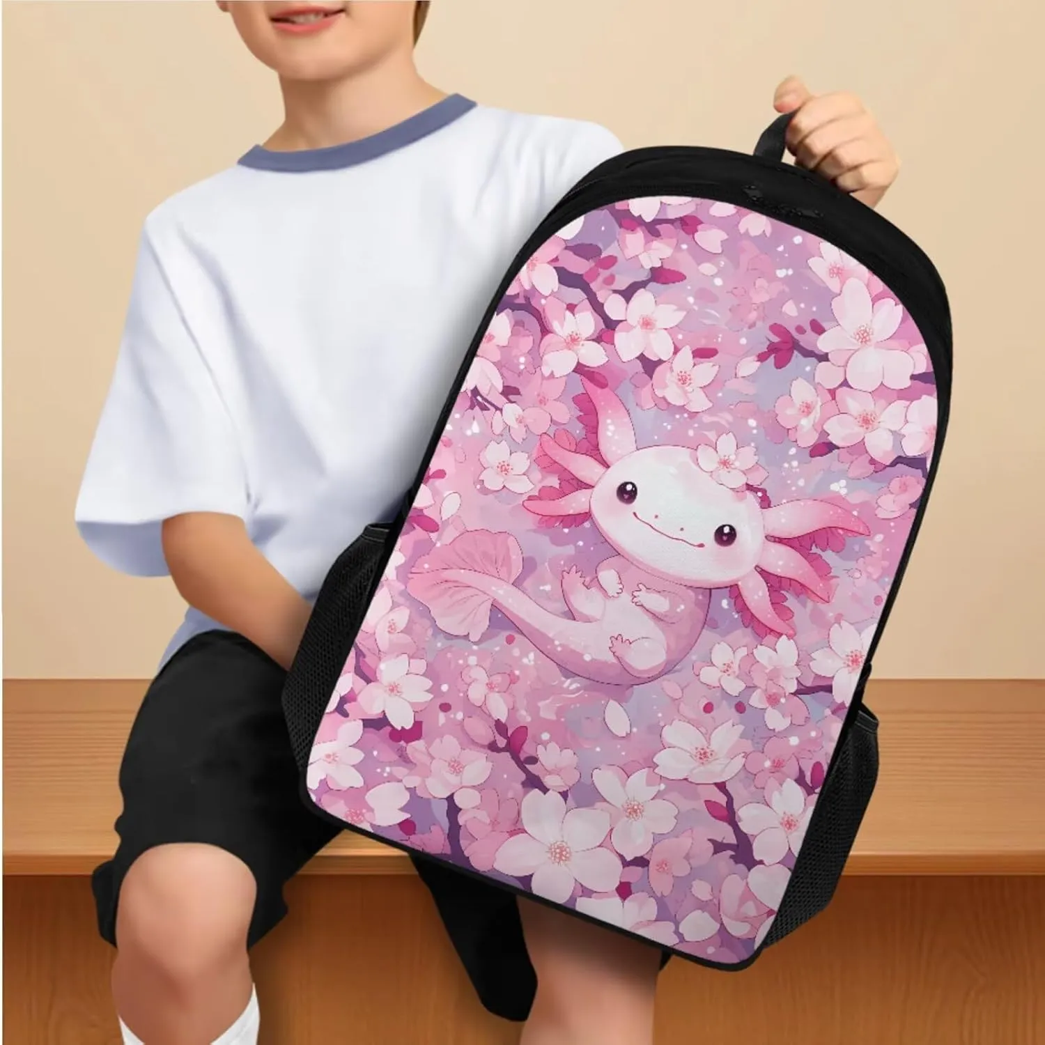 Ystardream 5Th Grade Bookbag Girls Backpack And Lunch Box Set Kids Pink Axolotl Backpack Purse for Women Elementary School Bookbag with Cherry Blossom Design Rucksack for Teens Child Back To School