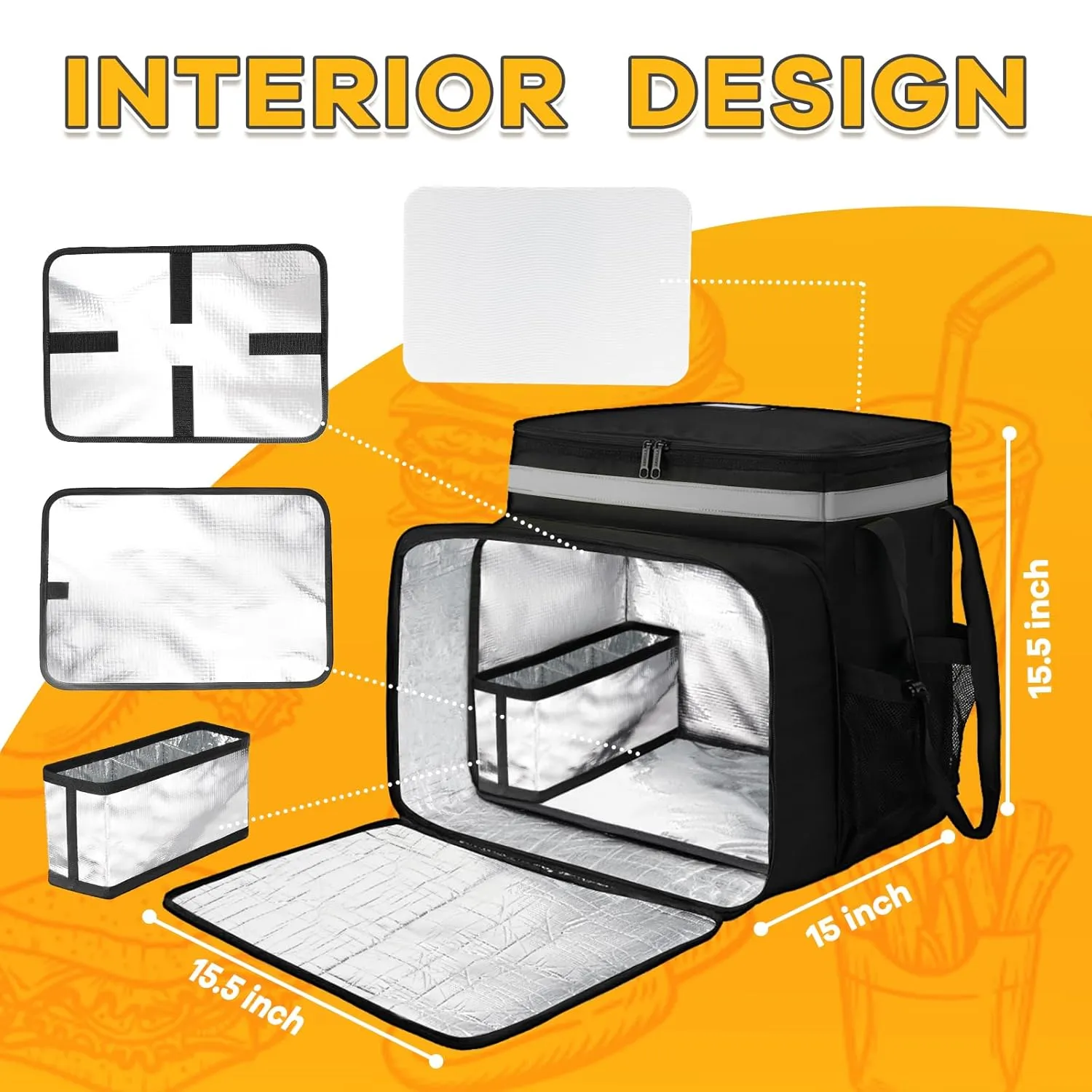 Ytonet Food Delivery Bag, Expandable Food Delivery Backpack with 7 Cup Holders, Large Insulated Pizza Delivery Bag with Reflective Strip, Delivery food Bag Fis for Bike, doordash, Uber Eats, Grey