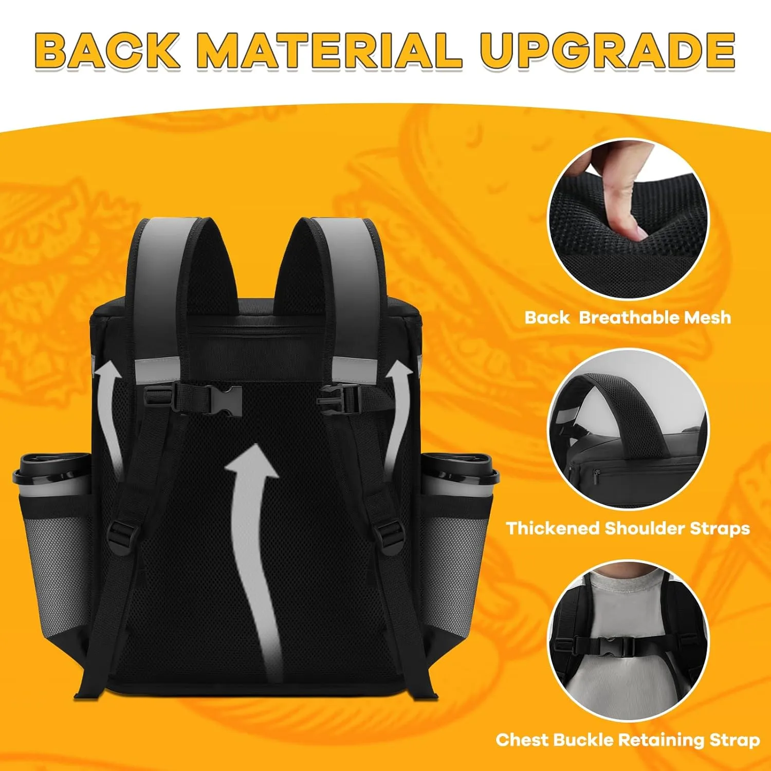 Ytonet Food Delivery Bag, Expandable Food Delivery Backpack with 7 Cup Holders, Large Insulated Pizza Delivery Bag with Reflective Strip, Delivery food Bag Fis for Bike, doordash, Uber Eats, Grey