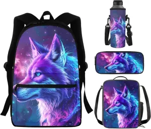 Yzaoxia Galaxy Wolf Backpack for Boys 12-14 with Lunch Bag Kids Book Bag and Lunch Box for Girls 6th Grade 16 Inch Bookbag and Lunch Box Pencil Case Water Bottle Cover Children School Bag Set of 4