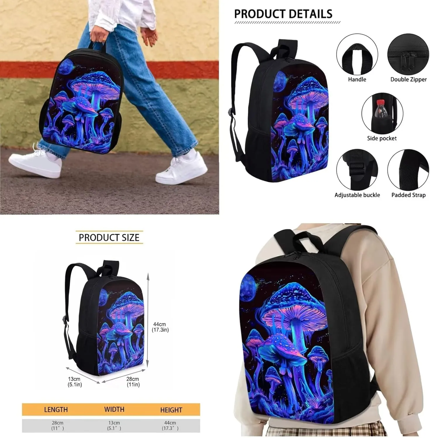 ZFRXIGN Mushroom School Backpack for Boys Girls Casual Daypack Lunch Box Pencil Case Teenager Book Back Pack Large Capacity Sport Travel Satchel Moon Night