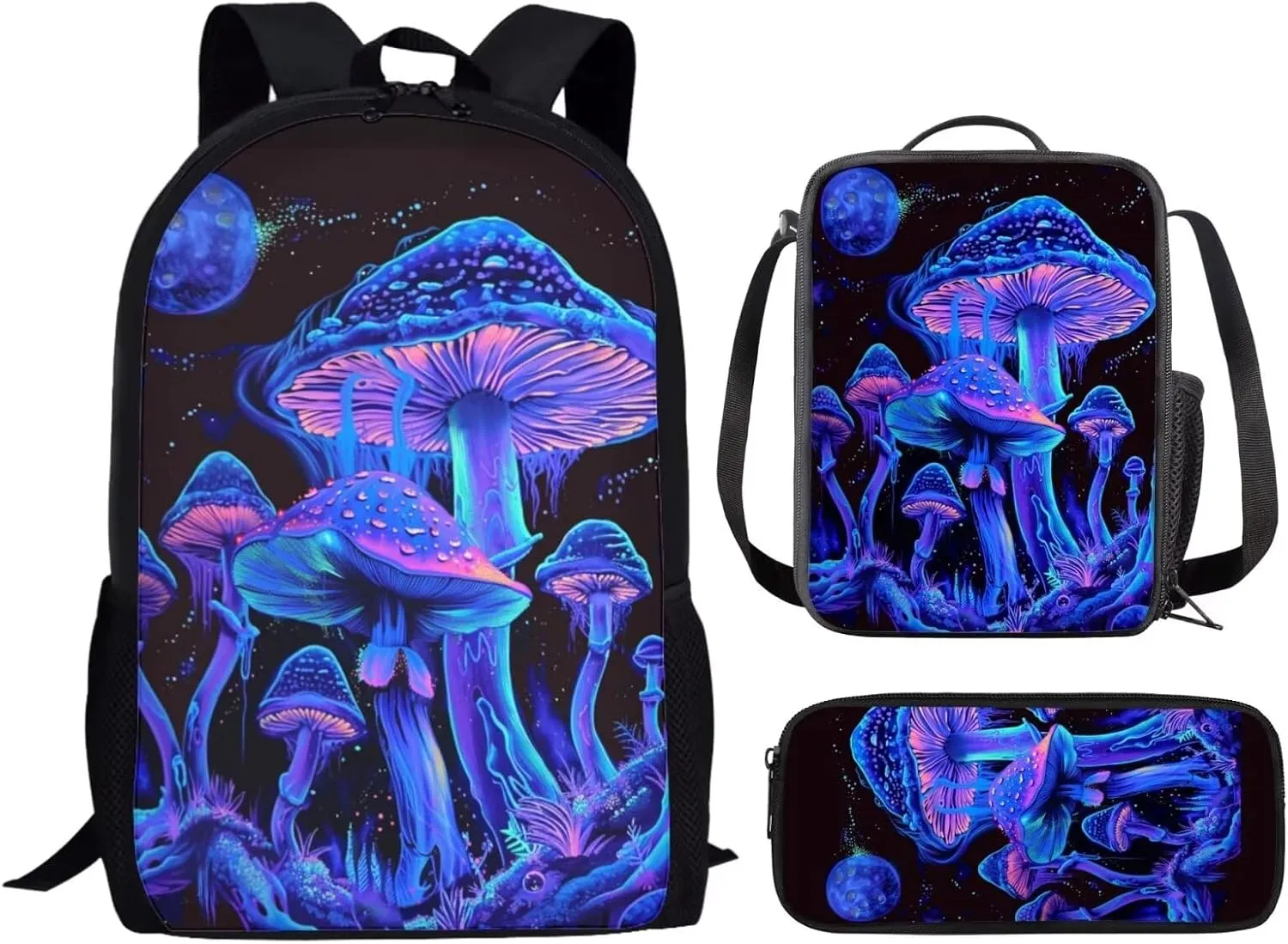 ZFRXIGN Mushroom School Backpack for Boys Girls Casual Daypack Lunch Box Pencil Case Teenager Book Back Pack Large Capacity Sport Travel Satchel Moon Night