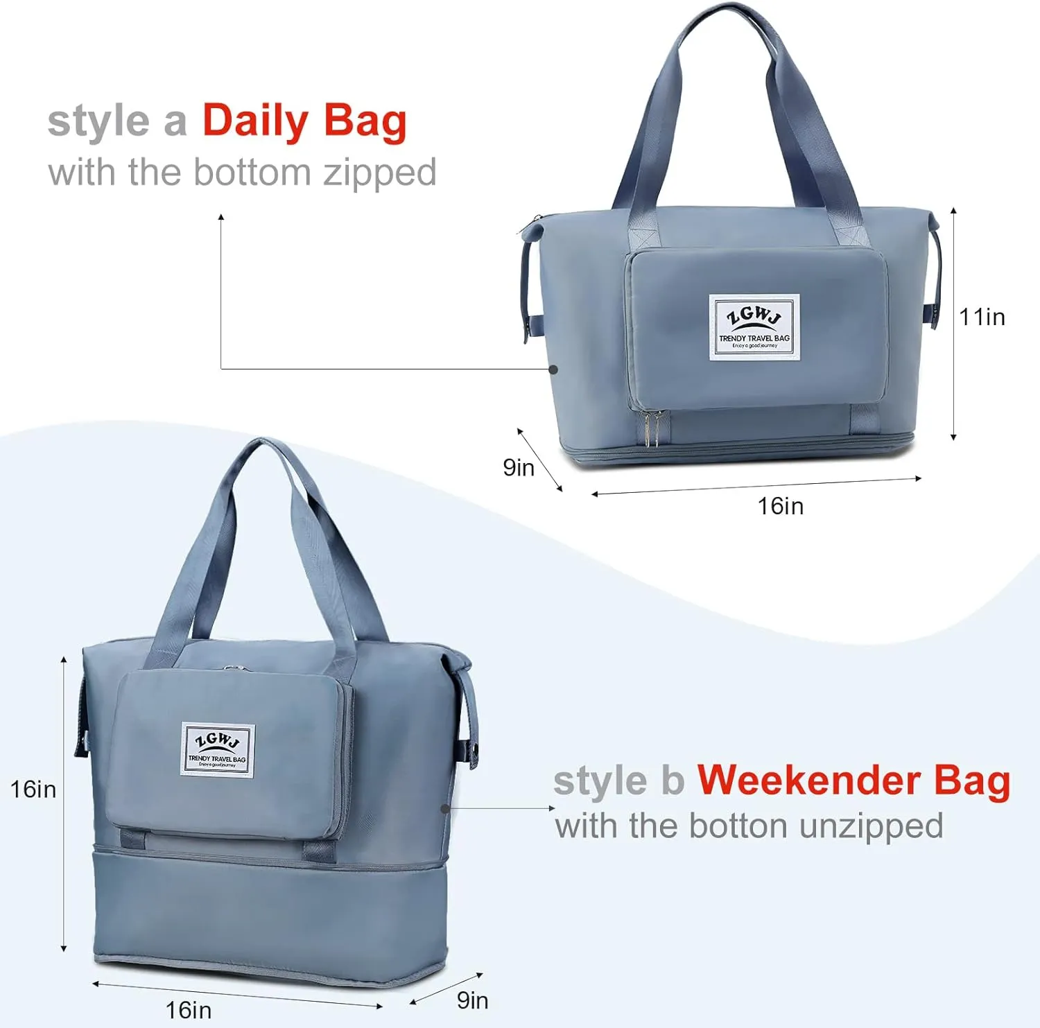ZGWJ Travel Tote Bags, Expandable Overnight Weekender Bag for Women Foldable Carry-On
