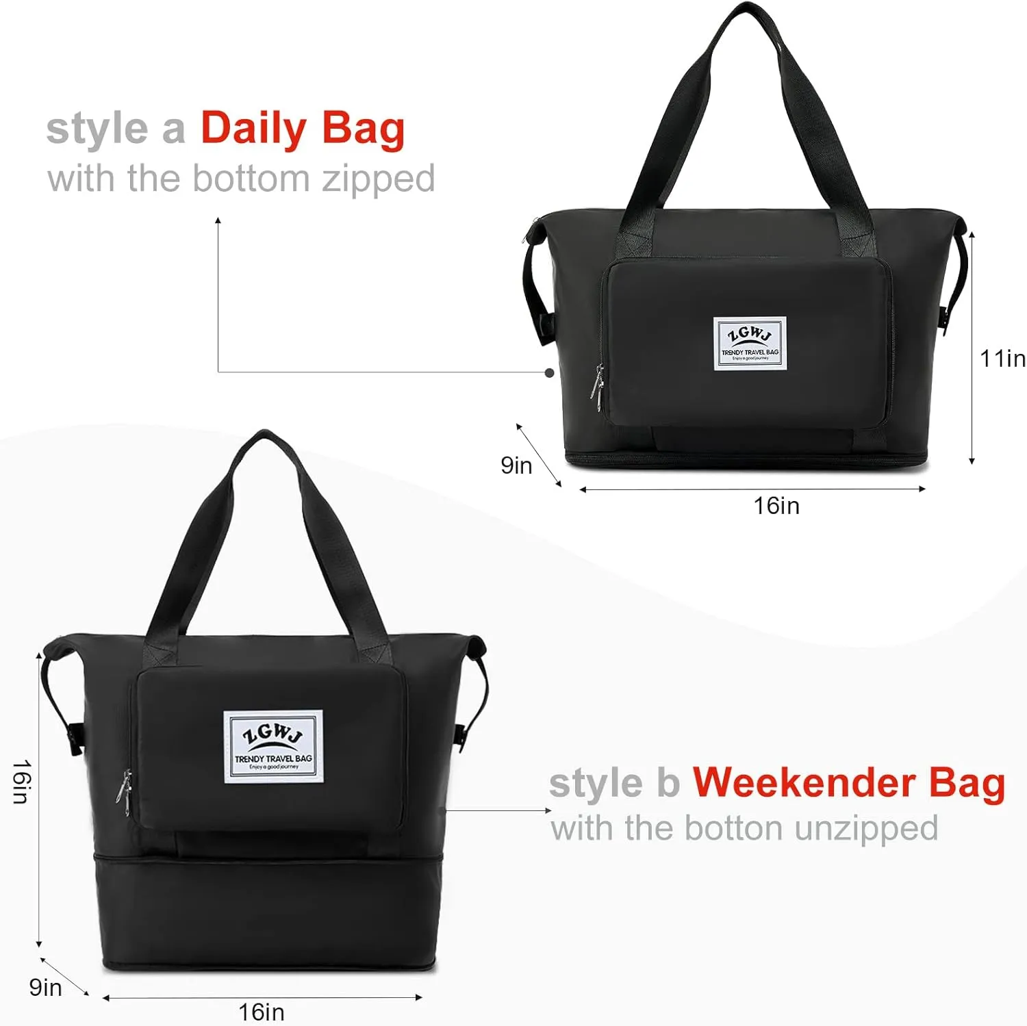 ZGWJ Travel Tote Bags, Expandable Overnight Weekender Bag for Women Foldable Carry-On