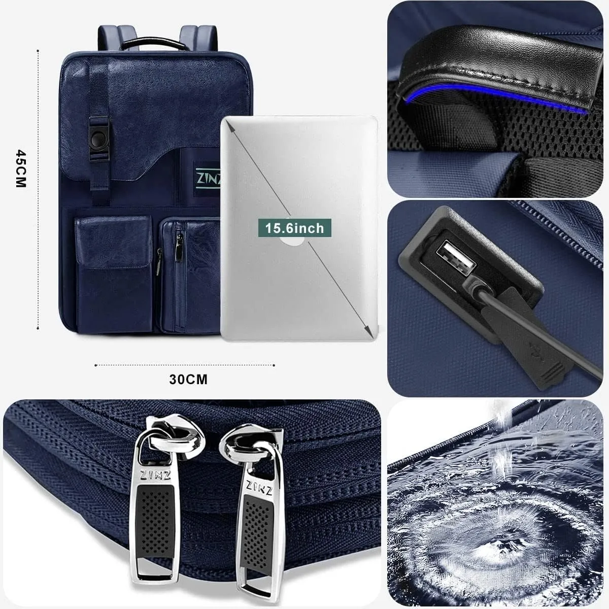 ZINZ Slim & Expandable 15 15.6 16 Inch Laptop Backpack for Business, Waterproof Anti-Theft Travel Backpack Daypack for Men and Women -Blue
