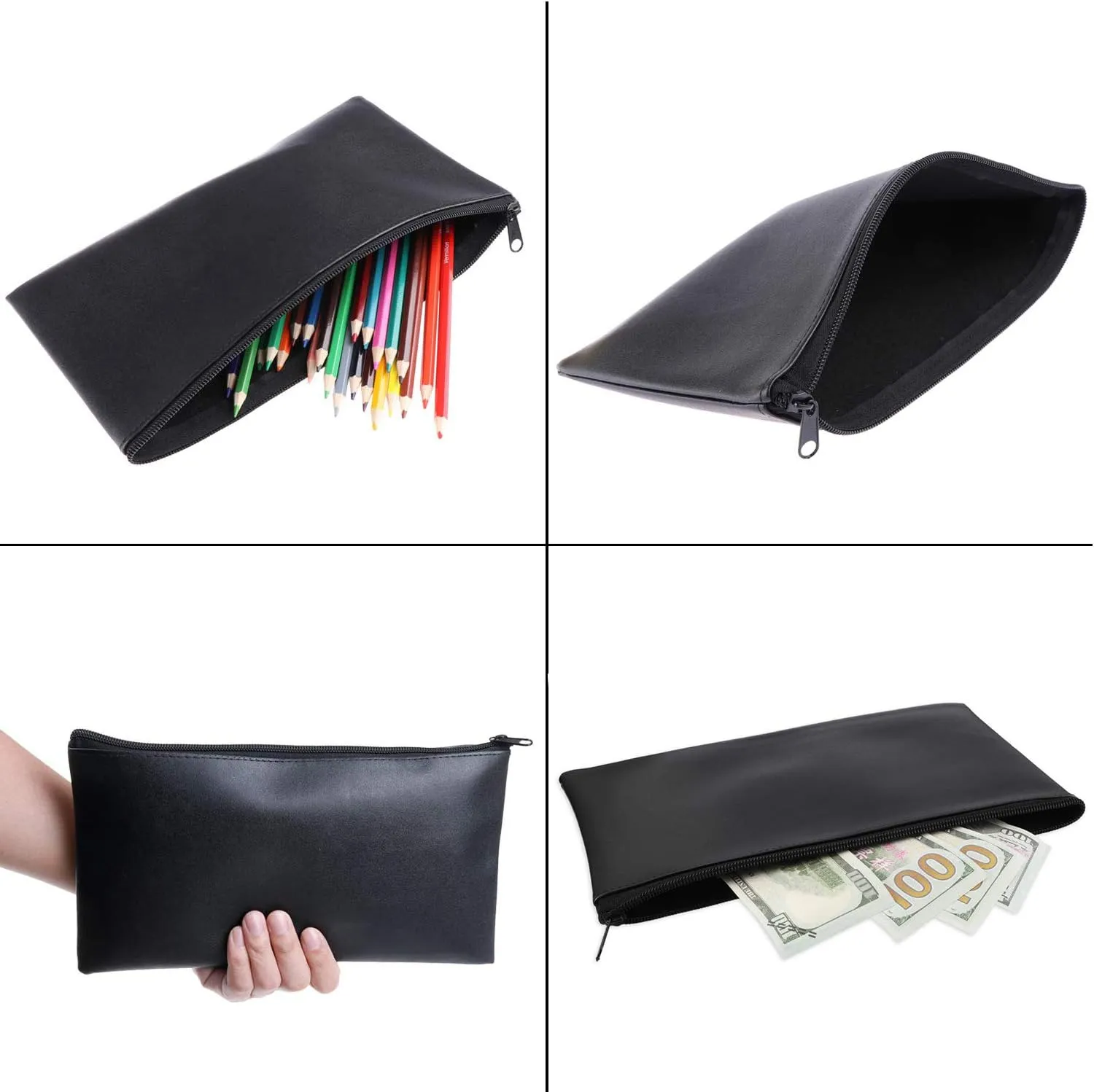 Zipper Bank Bags, 4 Pack PU Leather Cash and Coin Pouch with Zipper (Black)