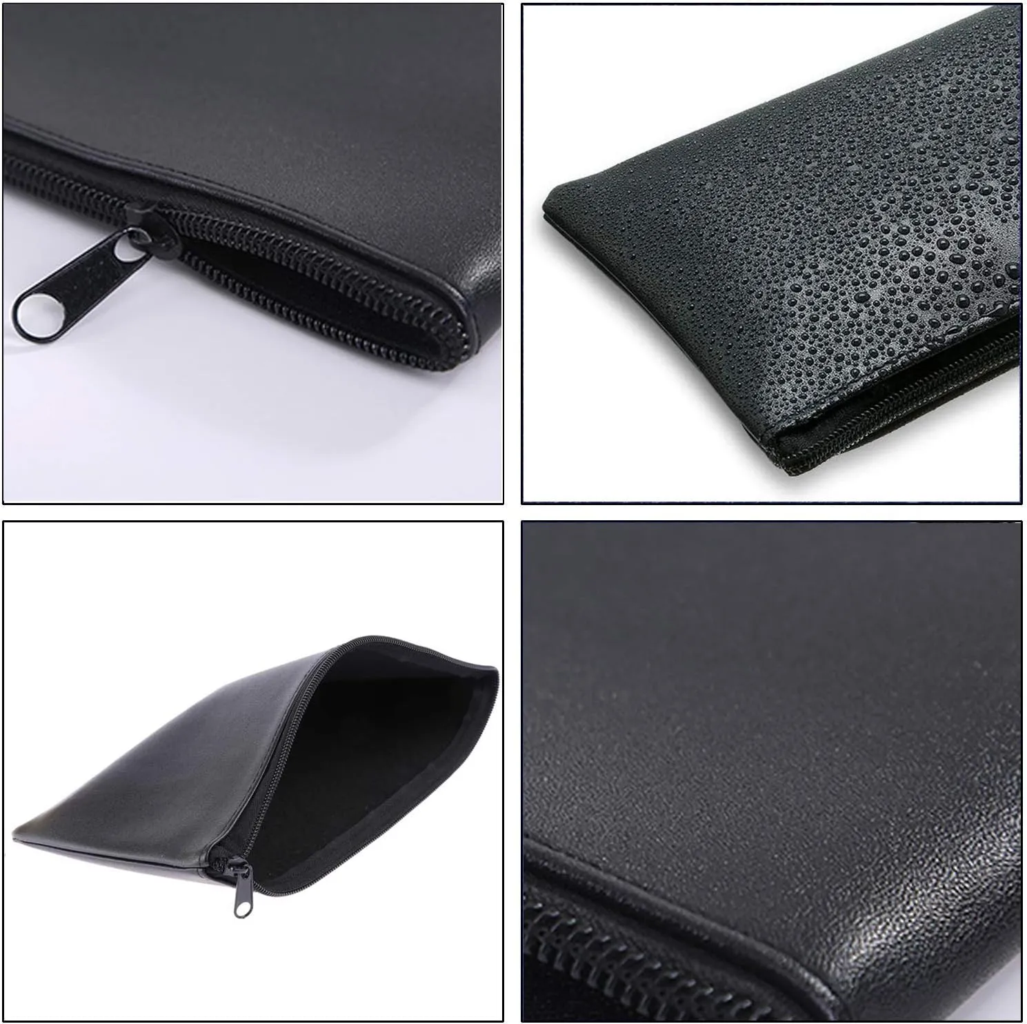 Zipper Bank Bags, 4 Pack PU Leather Cash and Coin Pouch with Zipper (Black)