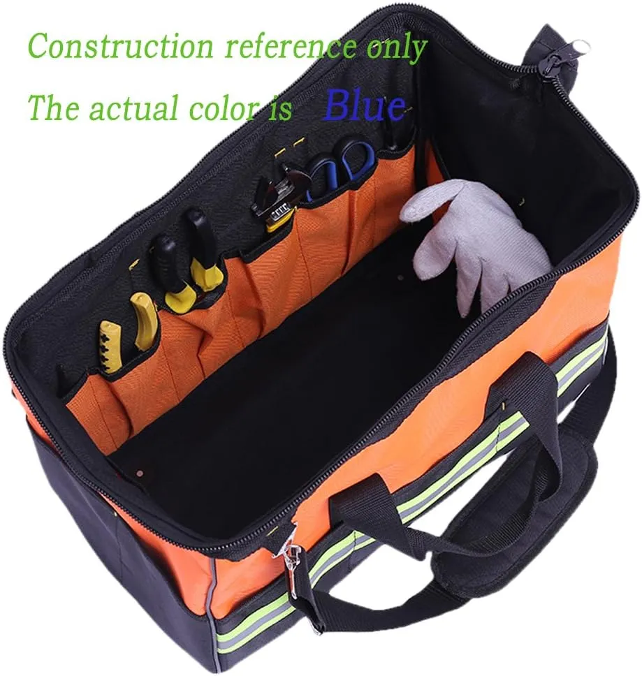 ZOJO Blue Reflective Tool Bags For Men 16 inch Wide Mouth 18 tool pockets