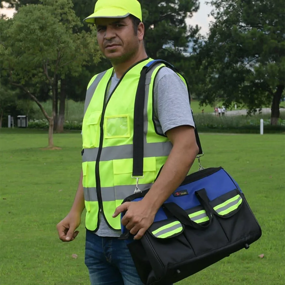 ZOJO Blue Reflective Tool Bags For Men 16 inch Wide Mouth 18 tool pockets