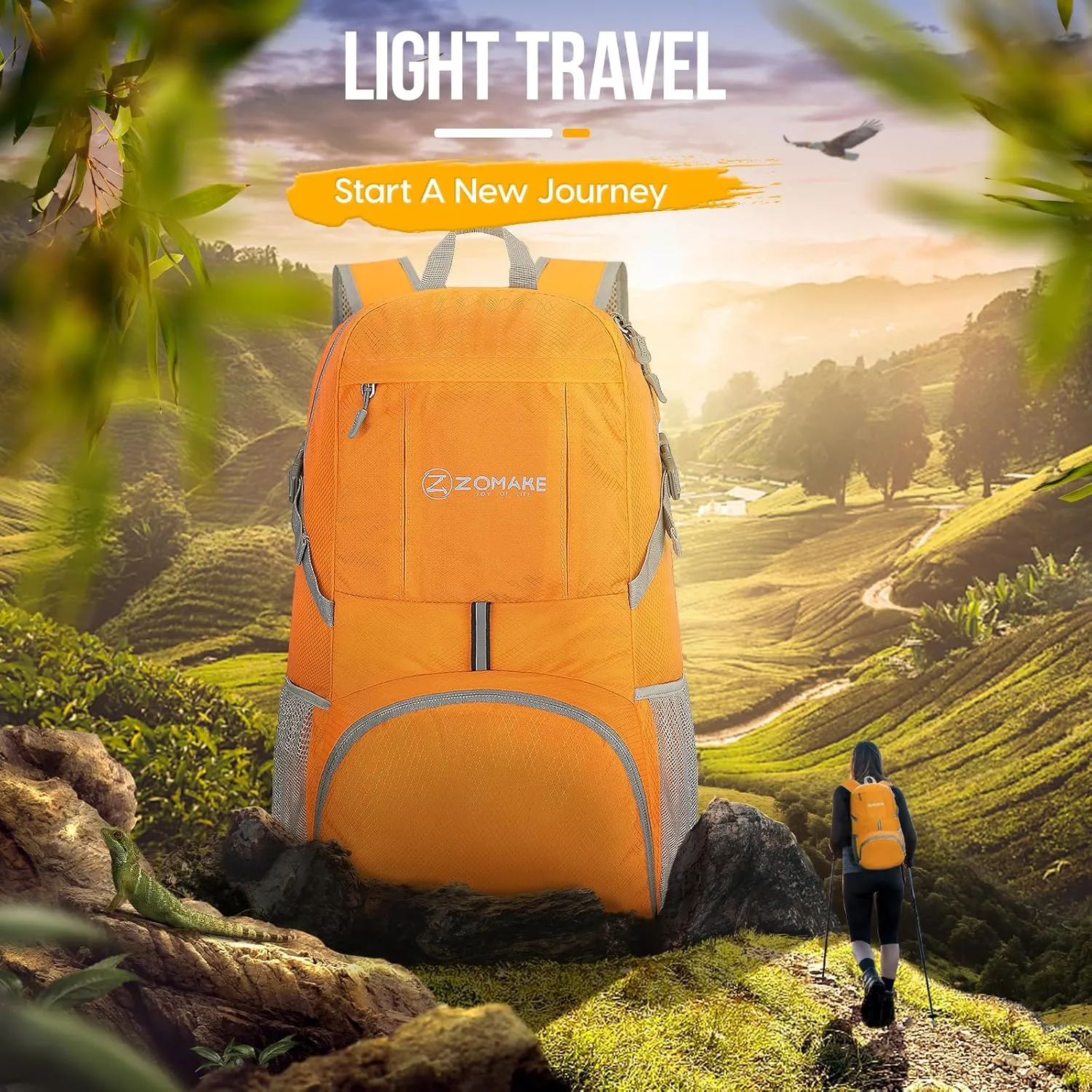 ZOMAKE Lightweight Packable Backpack 35L, Light Foldable Backpacks Water Resistant Collapsible Hiking Bag, Compact Folding Day Pack for Travel Camping(Yellow)