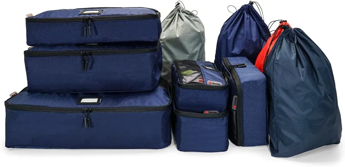 Zoomlite - 10 Piece Set Packing Cubes, suitcase organizers with shoe bags & laundry bags for travel. 6 small, medium & large compression travel packing cubes for carry-on, backpack & suitcase
