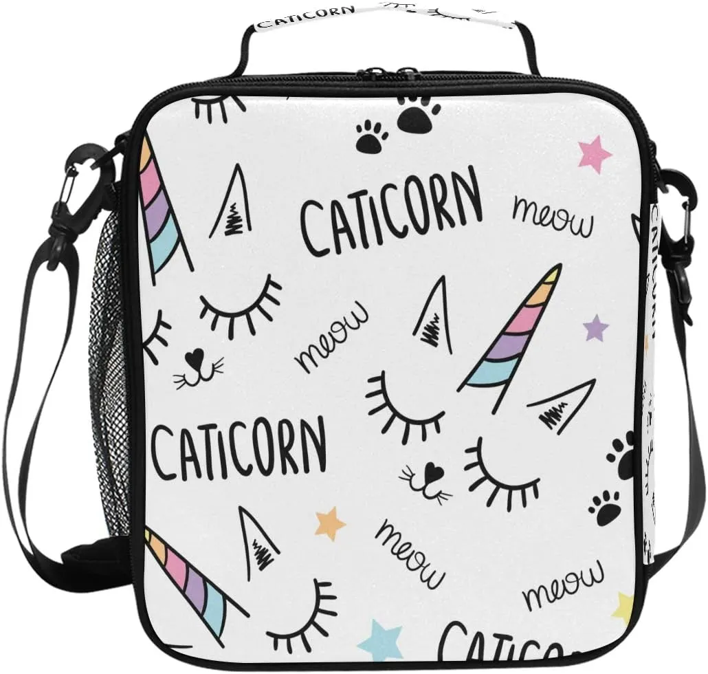 ZZXXB Caticorn Meow Insulated Lunch Bag Box Reusable Thermal Cooler Bag Tote Outdoor Travel Picnic Bag With Shoulder Strap for Children Students Adults